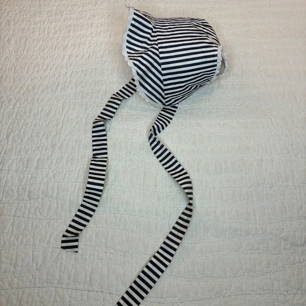 The Beaufort Bonnet Co Navy White Stripe Eyelet Trim Bonnet Small Adjustable